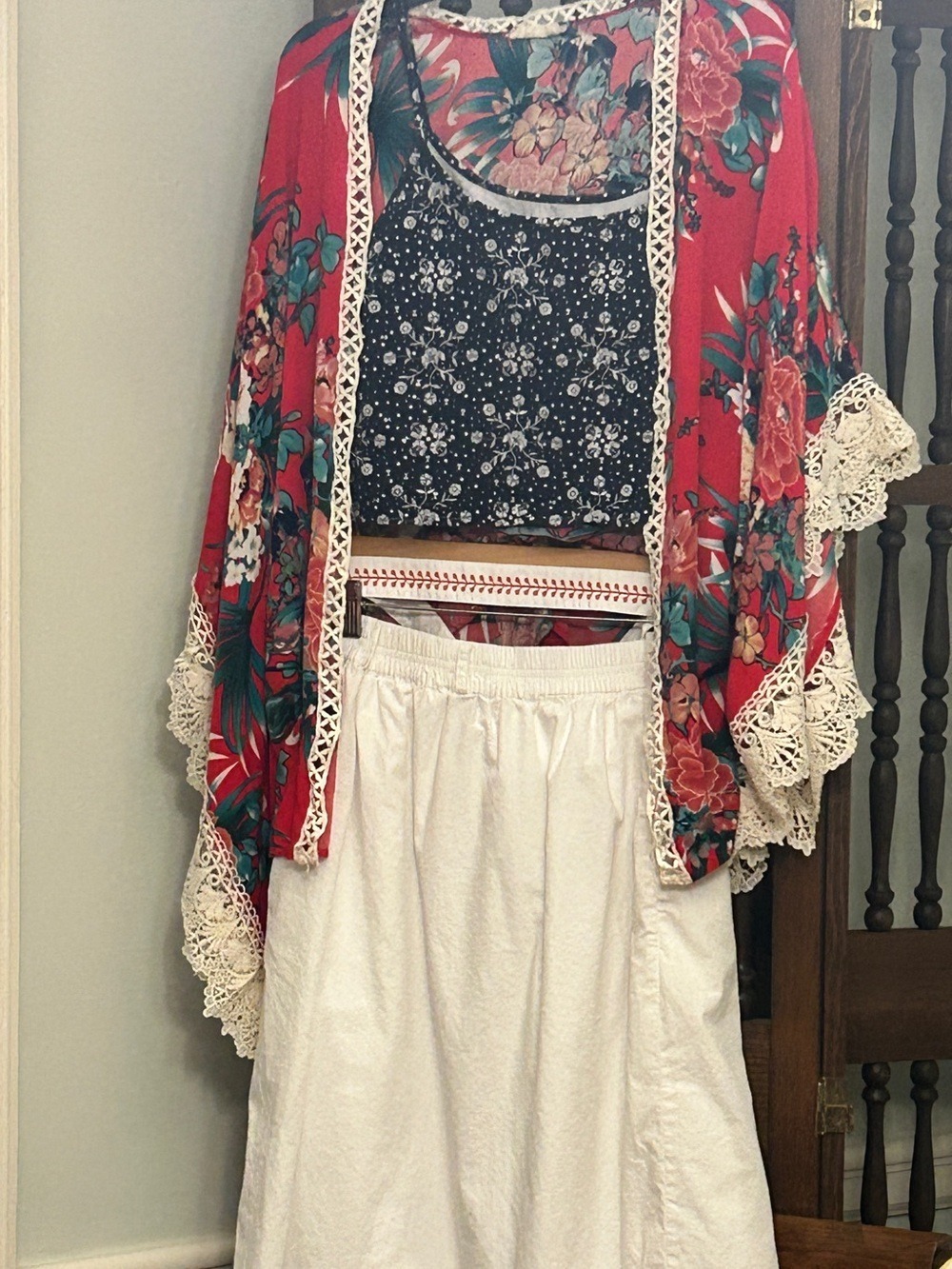 J Crew White Cotton Maxi Skirt Size L Scarlet Red Embroidery Sash Belt Lined - Picture 14 of 16